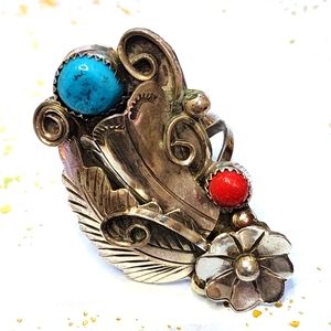 Jerry Thompson Navajo Native Turquoise, Coral, and Sterling Ring